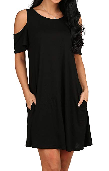 Women’s Cold Shoulder Tunic Top T-Shirt Swing Dress with Pockets